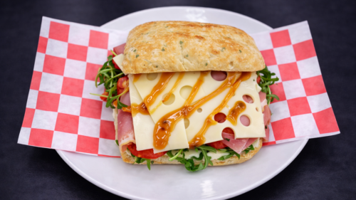 Focaccia with Prosciutto di Parma, cantimpalo, and cheese gouda